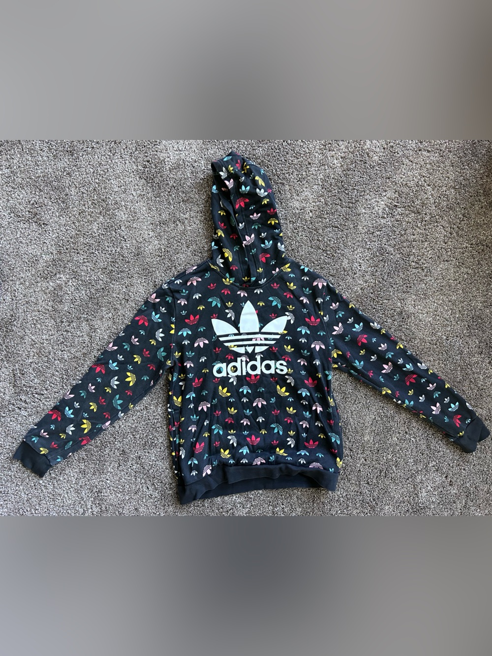 adidas Black Hoodie with Multicolor Trefoil Motif Size YL 13/14